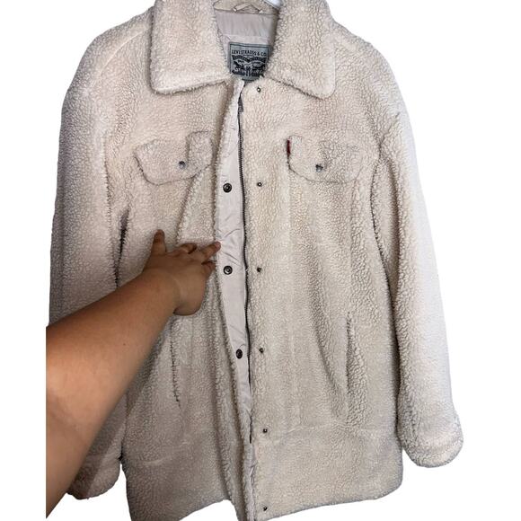 Levi's Sherpa Cream Teddy Medium Length Coat Jacket Super Warm Cozy Size Large - Picture 4 of 11